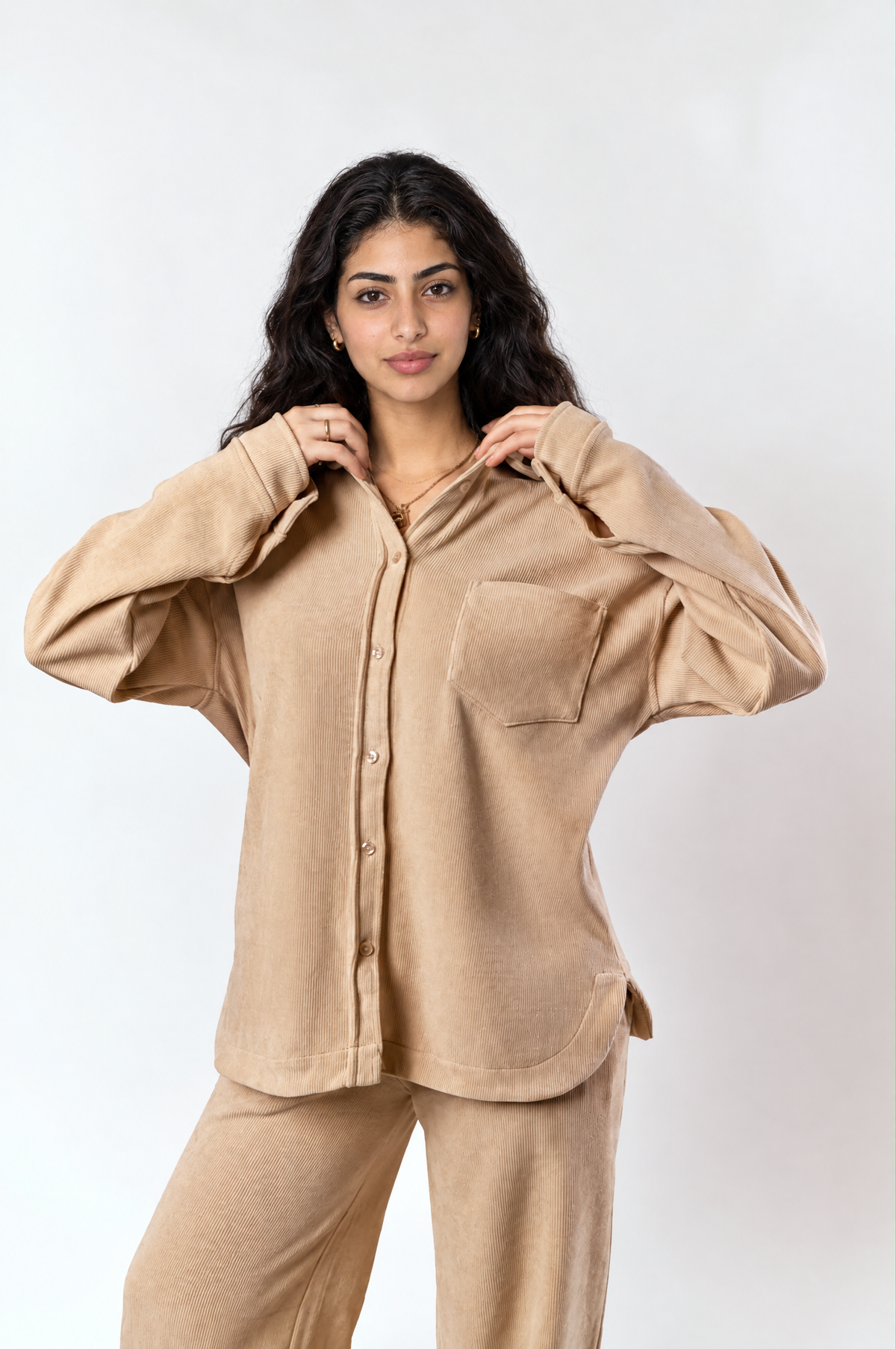 Olimme ribbed set in beige – front