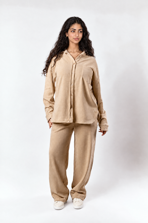 Olimme ribbed set in beige – full look