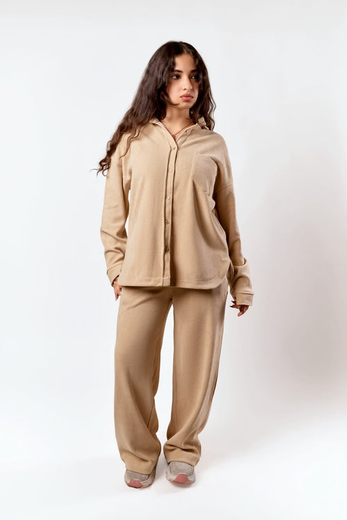 Olimme ribbed velvet set in beige – full look